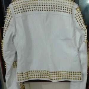 Man White Leather Jacket, Steampunk Golden Studded Punk Jacket