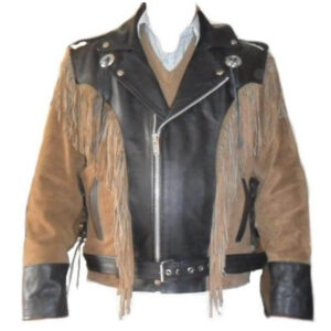 Men 1980's Cowboy Suede Leather Black Beige Jacket ,Cowboy Suede Fringe Jacket - leathersguru