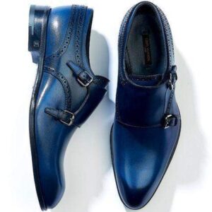 Handmade Blue Double Monk Leather Shoe - leathersguru