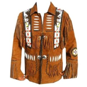 Men Brown Eagle Beads Western Cowboy Suede Leather Tan Jacket, Fringes Jacket - leathersguru