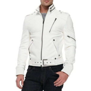 Men's Fashion Leather White Jacket, Men's Genuine Leather Belted Jacket - leathersguru