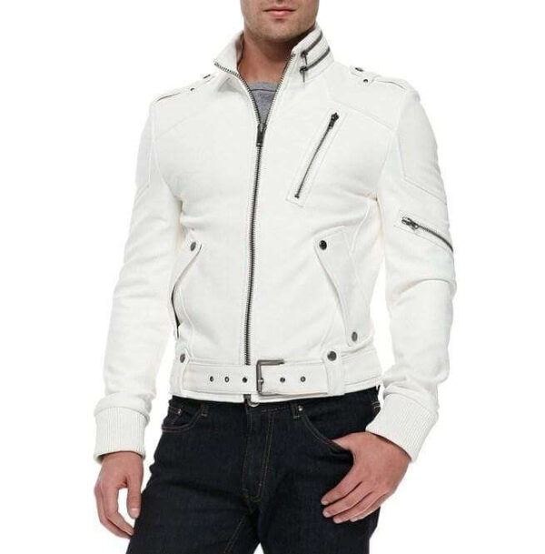 Men's Fashion Leather White Jacket, Men's Genuine Leather Belted Jacket - leathersguru