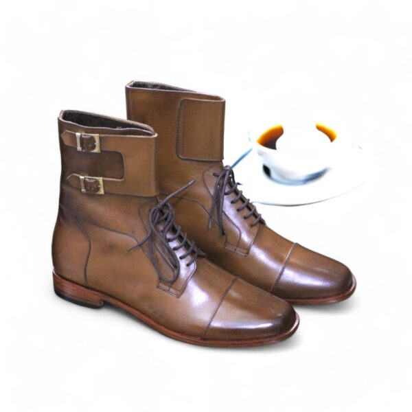 Ankle High Brown Lace Up Cap Toe Double Buckle Pure Handmade Leather Boot