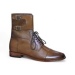 Ankle High Brown Lace Up Cap Toe Double Buckle Pure Handmade Leather Boot