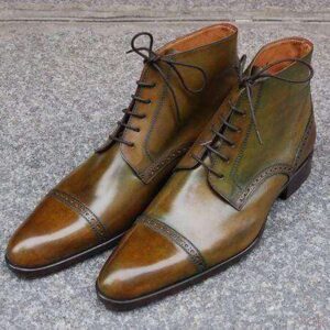 Handmade Brown Ankle High Cap Toe Lace Up Leather Boot - leathersguru