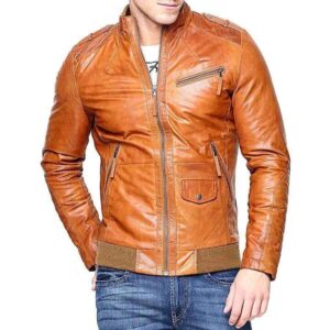 Men Real Lambskin Tan Brown Leather Motorcycle Slim fit Biker Bomber Jacket - leathersguru