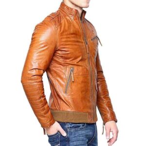 Men Real Lambskin Tan Brown Leather Motorcycle Slim fit Biker Bomber Jacket - leathersguru