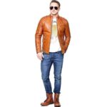 Men Real Lambskin Tan Brown Leather Motorcycle Slim fit Biker Bomber Jacket - leathersguru