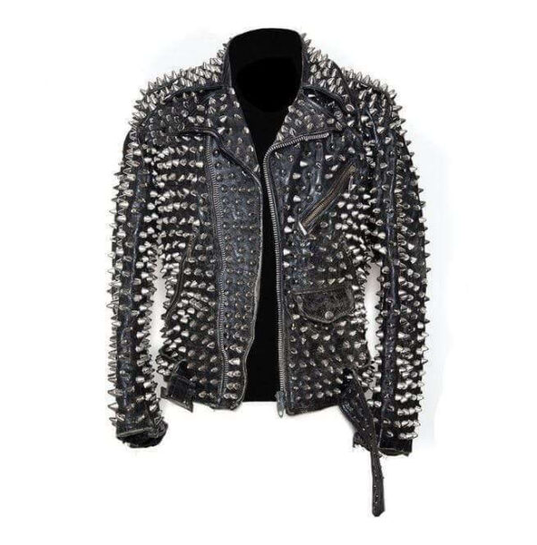 Men's Silver Studded Custom Patches Long Spike Brando Belted Rocker Black Jacket - leathersguru