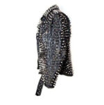 Men's Silver Studded Custom Patches Long Spike Brando Belted Rocker Black Jacket - leathersguru