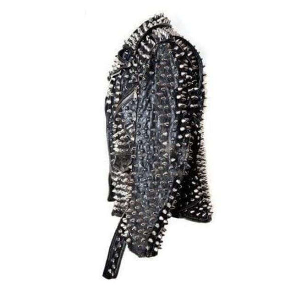 Men's Silver Studded Custom Patches Long Spike Brando Belted Rocker Black Jacket - leathersguru