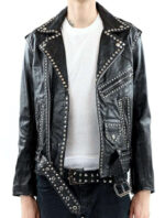 Men Silver Studded Jacket Black Punk Silver Spiked Leather Belted Biker Jacket - leathersguru