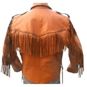 Men Tan Western Style Leather Jacket ,Cowboy Cowhide Leather Fringe Jacket - leathersguru