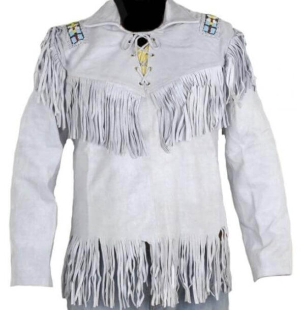 Men's Western Cowboy Real Leather Jacket, Handmade White Leather Jacket With Fringes - leathersguru