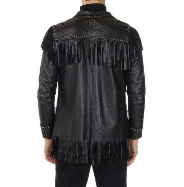 Men's Western Leather Jacket Wear Fringes Beads Native American Cowboy Black Coat - leathersguru