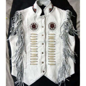 Western Leather Jacket, Handmade White Cowboy Fringe Leather Jacket - leathersguru