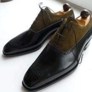Handmade Leather Suede Green Black Brogue Derby Shoe - leathersguru