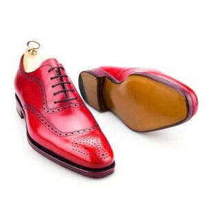 Men Handmade Awesome Stylish Red Leather Brogue Cap Toe Lace Up Personality Shoes