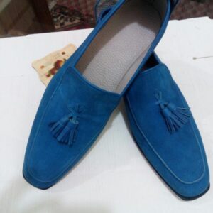 Men Handmade Original Suede Leather Moccasins, Men Blue Loafer, Men Tassel Shoes