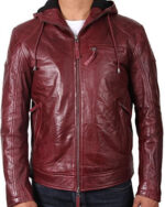 Men Maroon Hooded Leather Jacket, Men Leather Hooded Jacket, Men Jackets