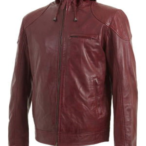 Men Maroon Hooded Leather Jacket, Men Leather Hooded Jacket, Men Jackets