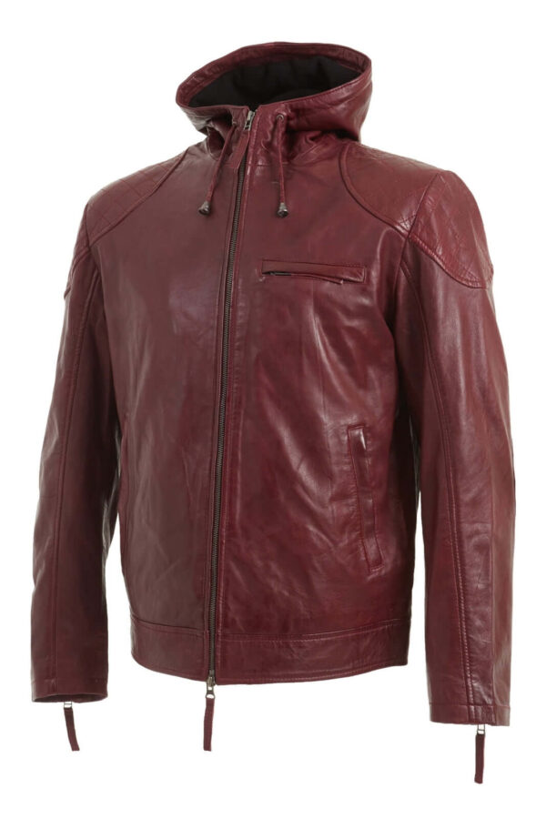 Men Maroon Hooded Leather Jacket, Men Leather Hooded Jacket, Men Jackets