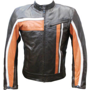 Men Motorcycle Jacket Racer Black Real Leather Orange White Stripe Biker Zip Up