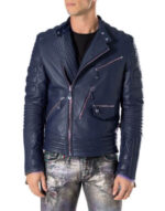 Men Navy Blue Motorbike Leather Jacket, Classic Trendy Scooter Fashion Jacket