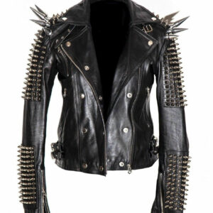 Men Silver Studded Long Spiked Jacket Leather Black Rock Punk Style Jacket - leathersguru