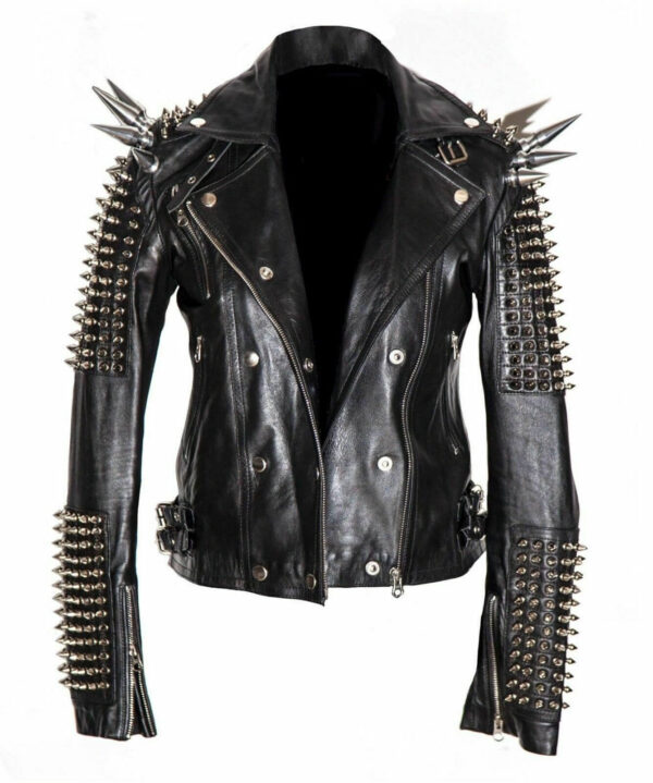 Men Silver Studded Long Spiked Jacket Leather Black Rock Punk Style Jacket - leathersguru