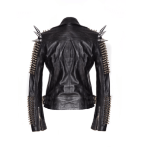 Men Silver Studded Long Spiked Jacket Leather Black Rock Punk Style Jacket - leathersguru