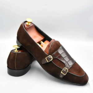 Men Brown Alligator Belgian Loafer Shoes, Casual Suede Shoes , Monk Shoes