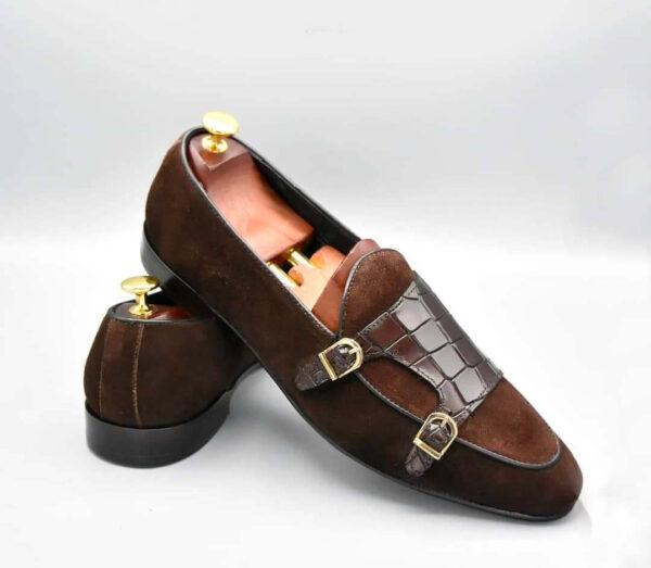 Men Brown Alligator Belgian Loafer Shoes, Casual Suede Shoes , Monk Shoes