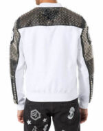 Men White Black Silver Studded Embroidery Patches Cowhide Biker Leather Jackets