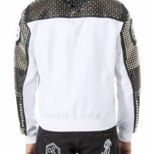 Men White Black Silver Studded Embroidery Patches Cowhide Biker Leather Jackets