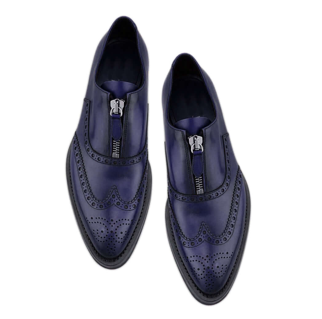 Men_Hand_stitched_Best_Mens_Shoes_Footwear_Sole_Zip-Wing_Tip_NAvy_Blue_Zipper_Brogue Bespoke Blue Leather Wing Tip Zip Up Shoe for Men - leathersguru