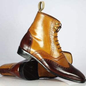 Men's 2 Tone  Leather Ankle Wing Tip Lace up Boots,Handmade Stylish Boot