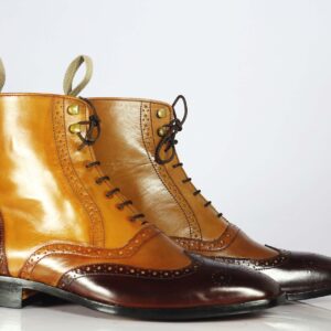 Men's 2 Tone  Leather Ankle Wing Tip Lace up Boots,Handmade Stylish Boot