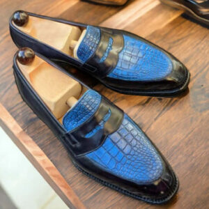 Men's Alligator Texture & Leather Shoes, Handmade Slip On Penny Loafer Formal Shoes