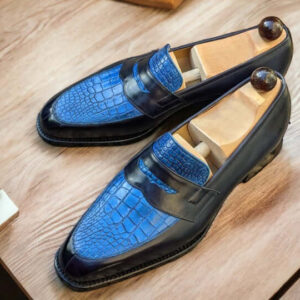 Men's Alligator Texture & Leather Shoes, Handmade Slip On Penny Loafer Formal Shoes