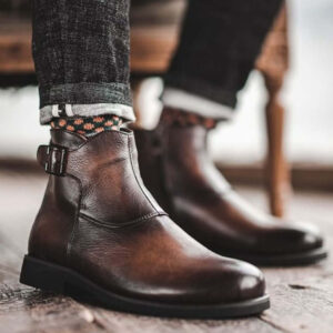 Men's Ankle Boot, Men's Brown Vintage Leather Monk Casual Boot.