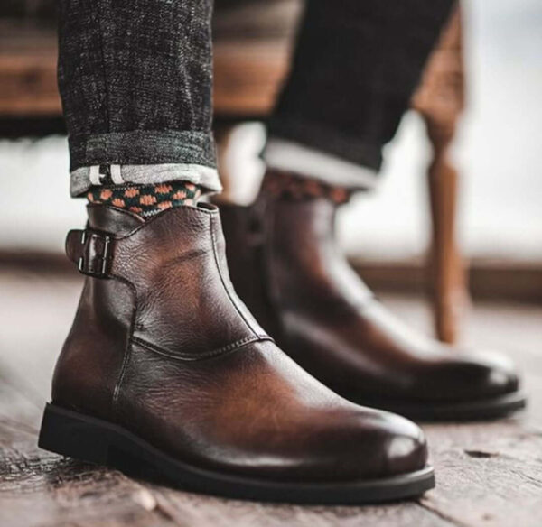 Men's Ankle Boot, Men's Brown Vintage Leather Monk Casual Boot.