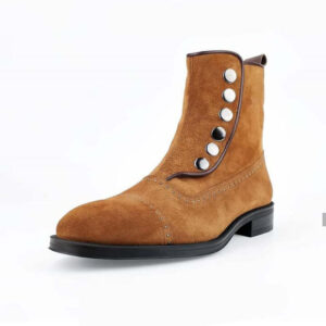 Men's Ankle Boots Tan Button Top & Side Zipper Leather Suede Boot