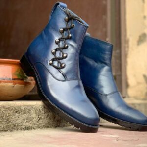 Men's Ankle High Blue Side Lace Up Boot, Plain Toe Boot, Leather Boot