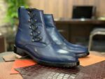 Men's Ankle High Blue Side Lace Up Boot, Cap Toe Boot, Leather Boot