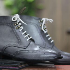 Men's Ankle High Grey Leather Boot, Handmade Men's Wing Tip Brogue Toe Boot