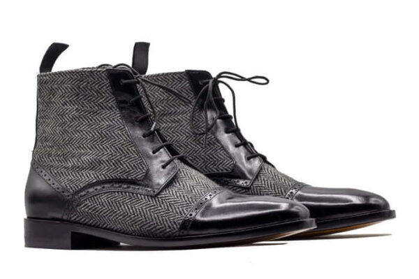 Men's Ankle High Tweed Texture Leather Boot, Wing Tip Leather Brogue Boot