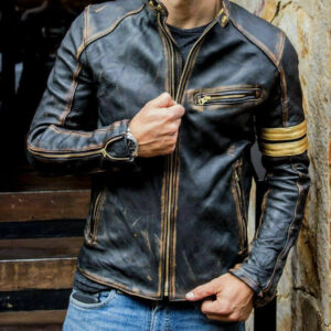 Men's Black Biker Vintage Motorcycle Distressed Cafe Racer Moto Leather Jacket