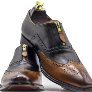 Men's Black Brown Two Tone Zipper Wing Tip Shoes, Handmade Leather Shoes