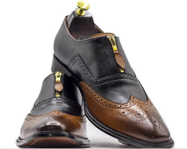 Men's Black Brown Two Tone Zipper Wing Tip Shoes, Handmade Leather Shoes